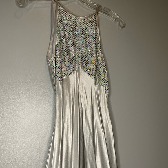 Silver Formal Dress with Sequin Top and Tie Back - Picture 3 of 13